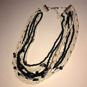 Vtg west germany black white & iridescent lucite bead multi strand necklace 20”